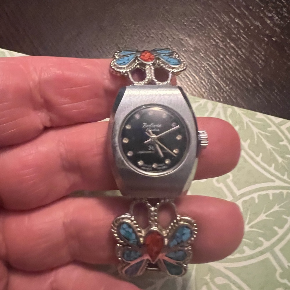 Vintage Bolivia Electra 360 Ladies Watch Silver Tone Runs Southwestern Butterfly